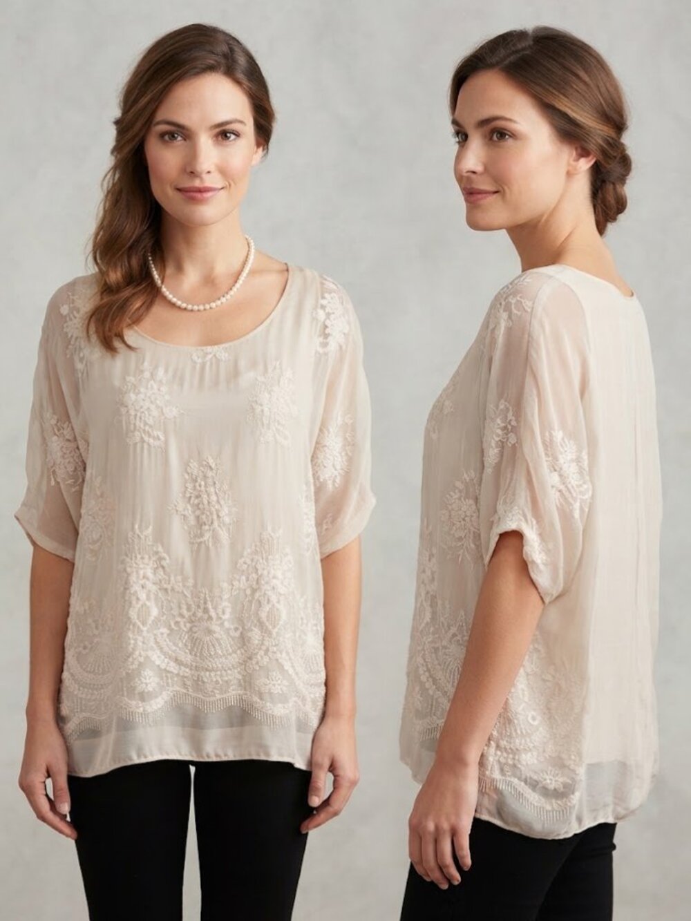 Angela Moda Italian Silk Beige Floral Embroidered Lace Burnout Blouse Sz Medium